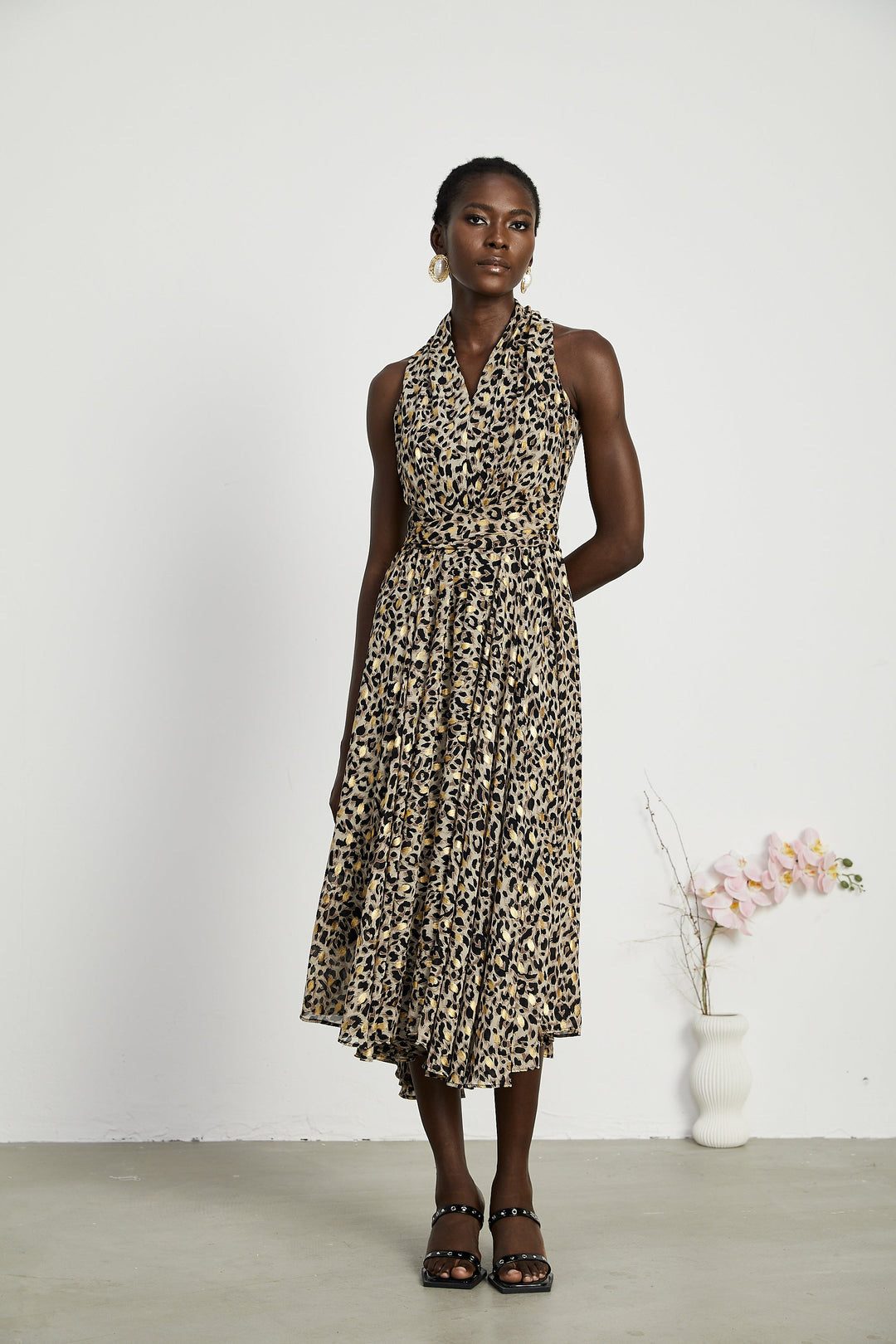 Levoire | V-Décolleté Imprimé Léopard Robe Midi