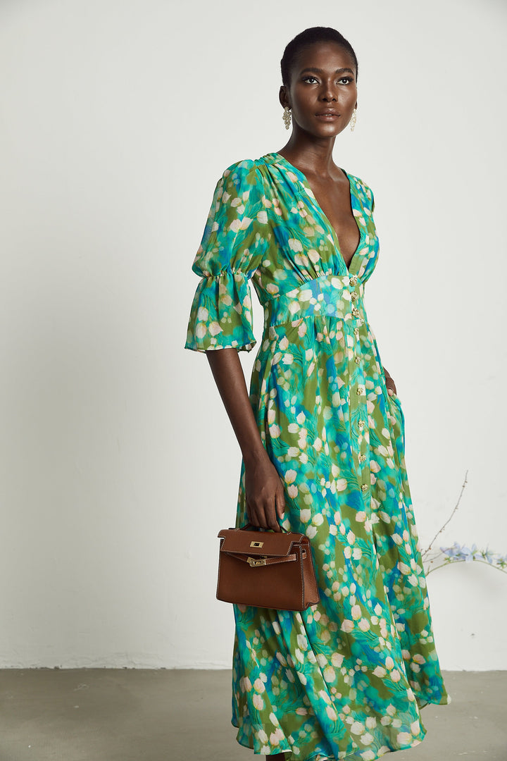Levoire | Robe Midi À Motifs De Fleurs Vertes