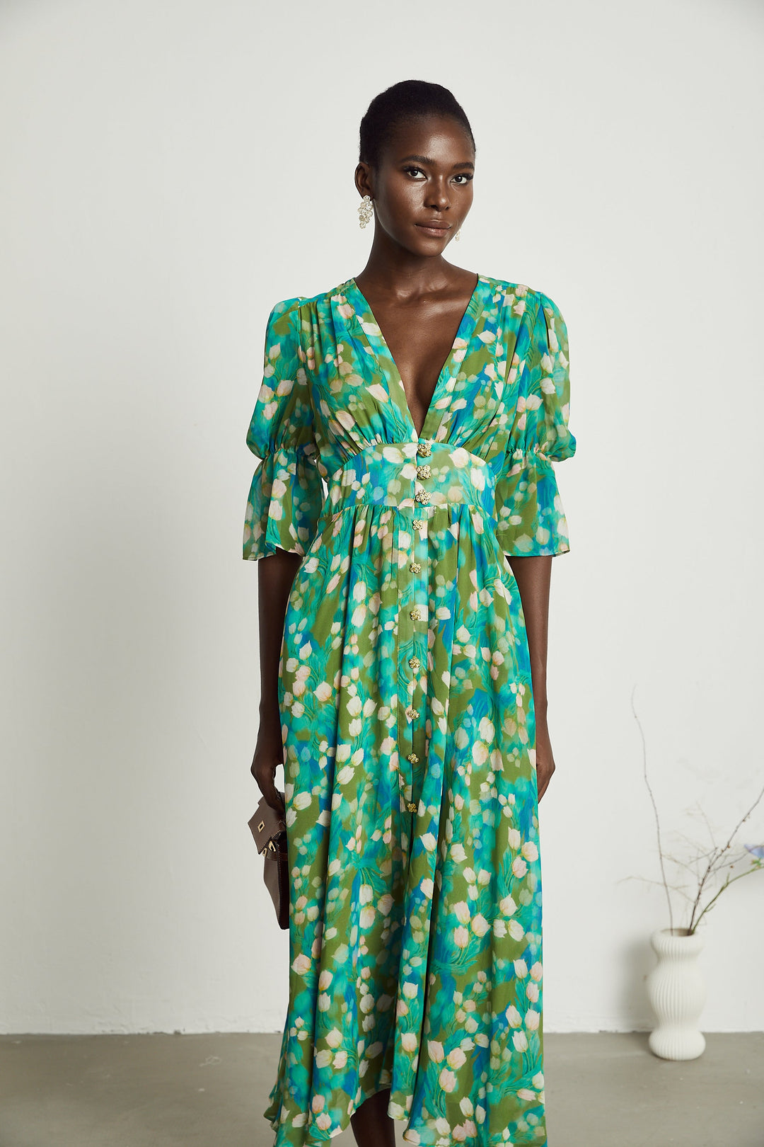 Levoire | Robe Midi À Motifs De Fleurs Vertes