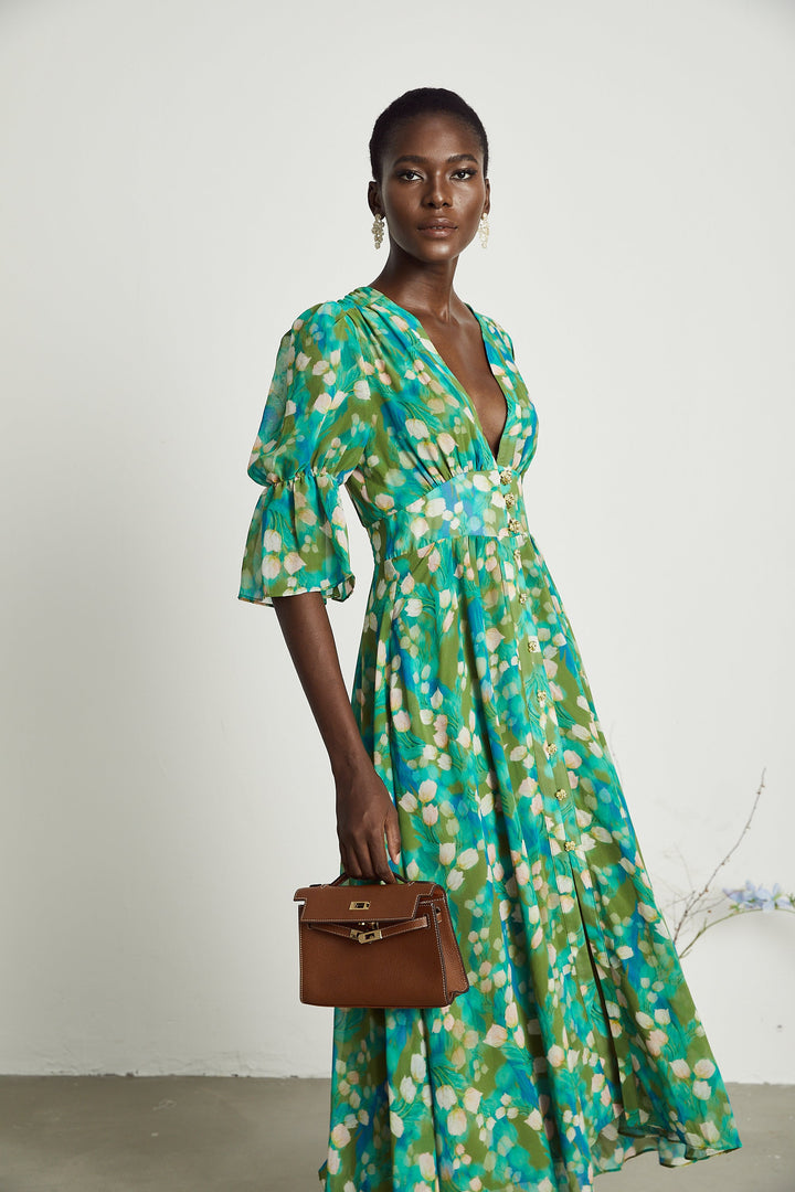 Levoire | Robe Midi À Motifs De Fleurs Vertes