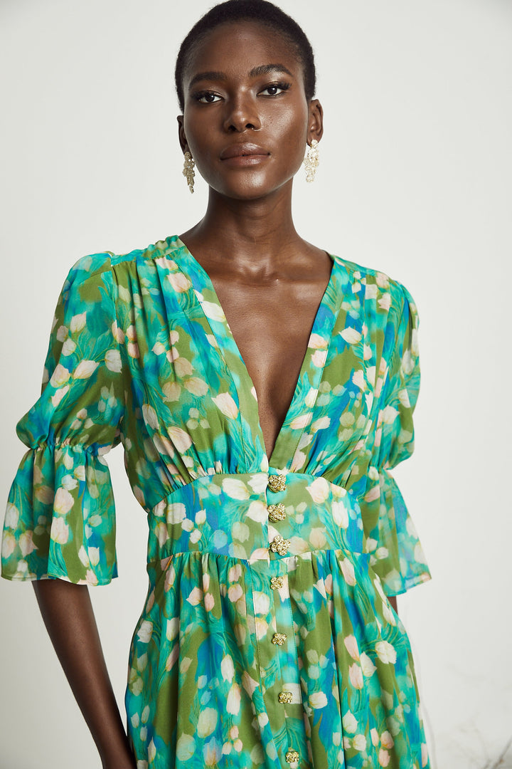 Levoire | Robe Midi À Motifs De Fleurs Vertes