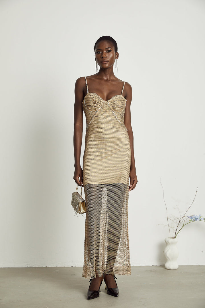 Levoire | Robe Midi En Or Ornée De Cristaux