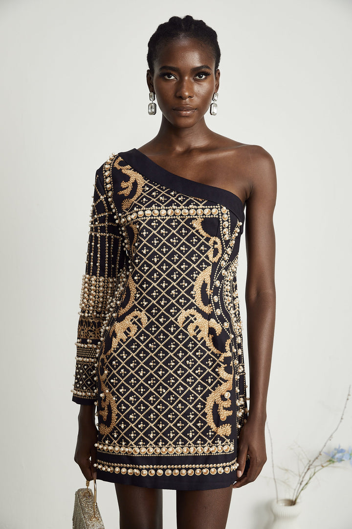 Levoire | Mono Épaule Faux Perle Mini Robe