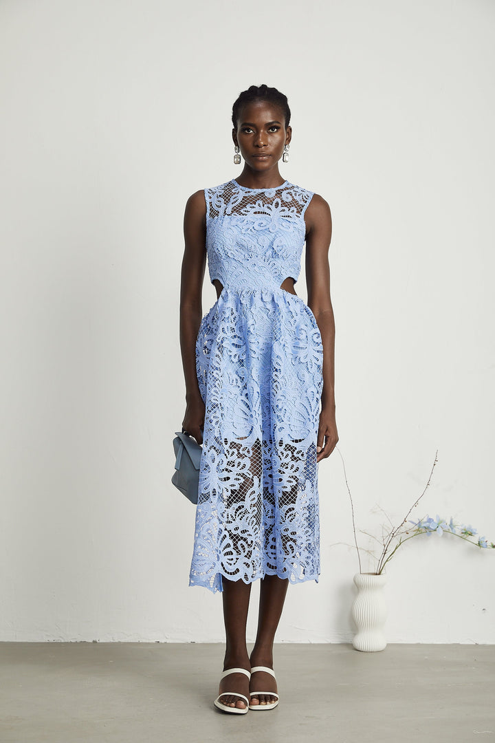 Levoire | Floral Brodé Semi Transparent Midi Robe