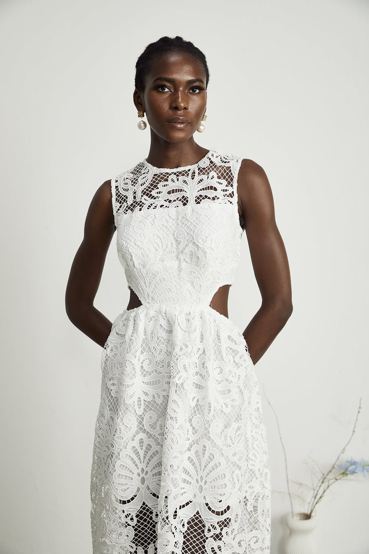 Levoire | Guipure Dentelle Robe Midi Sans Manches