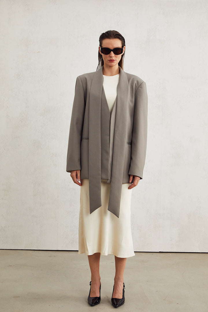 Levoire | Veste Bleue À Col Gris Sans Col À Décolleté En V