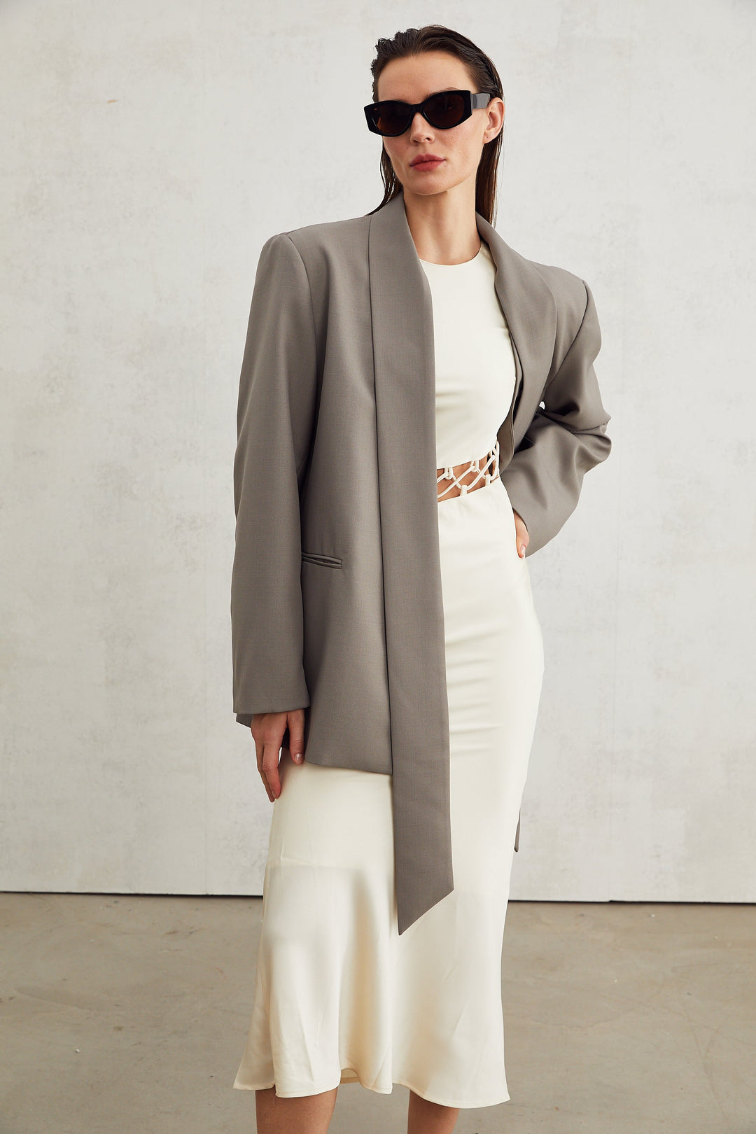 Levoire | Veste Bleue À Col Gris Sans Col À Décolleté En V