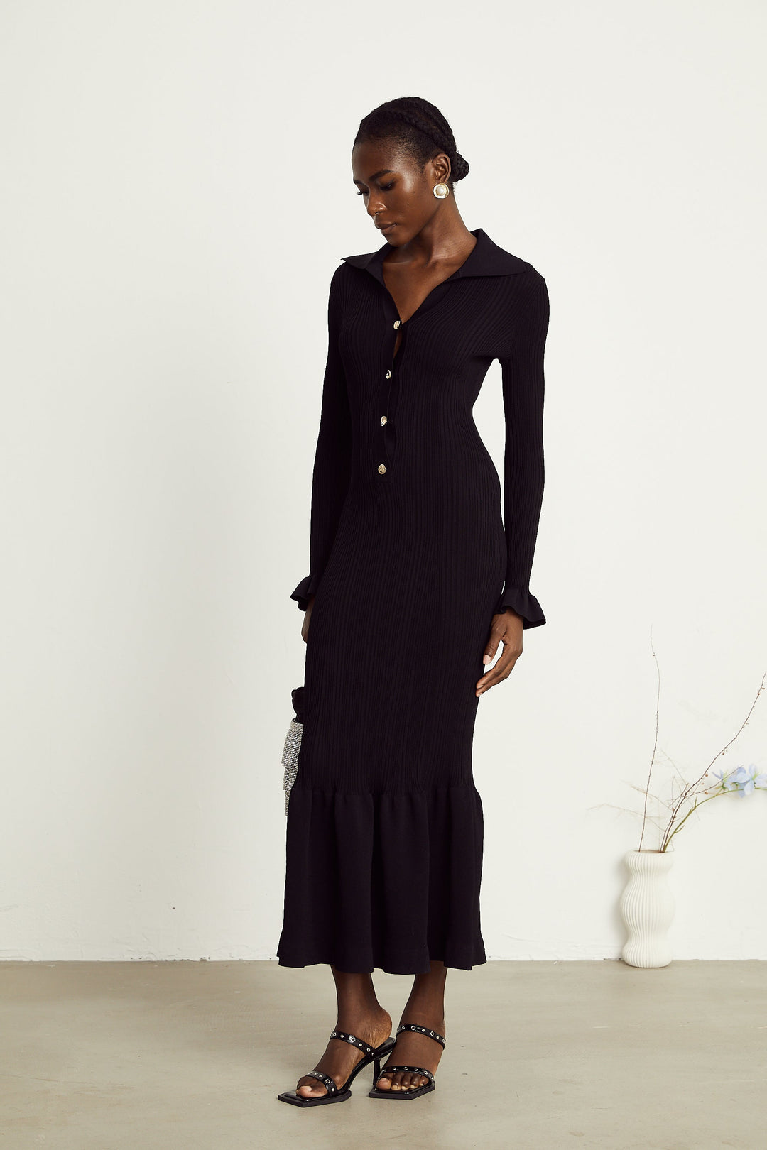 Levoire | Robe Midi Noire À Vagues