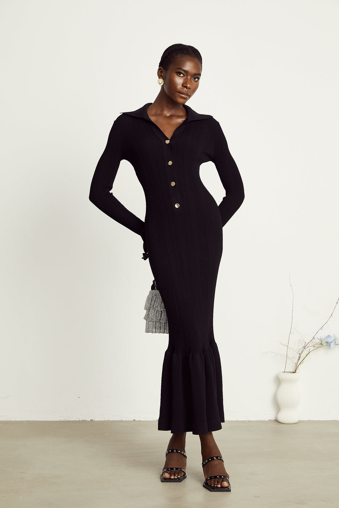 Levoire | Robe Midi Noire À Vagues