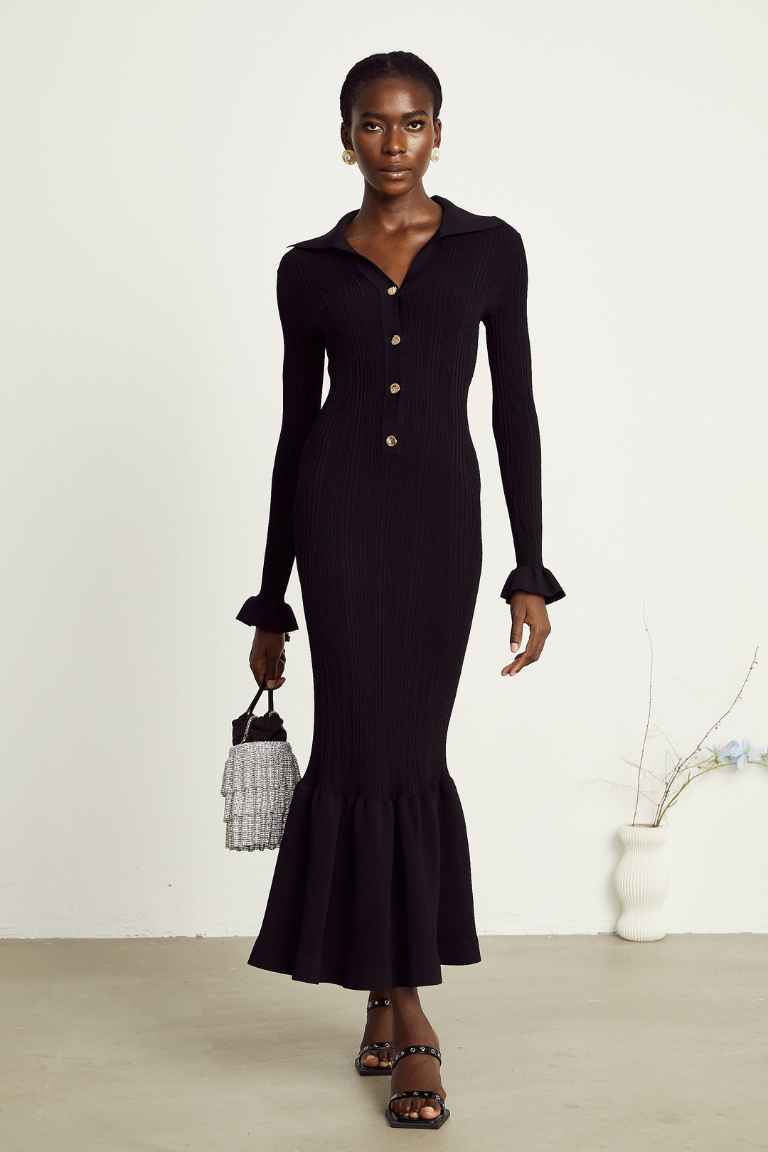 Levoire | Robe Midi Noire À Vagues