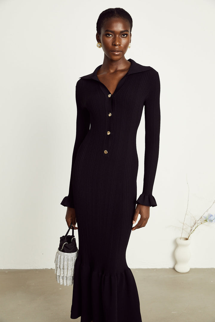 Levoire | Robe Midi Noire À Vagues