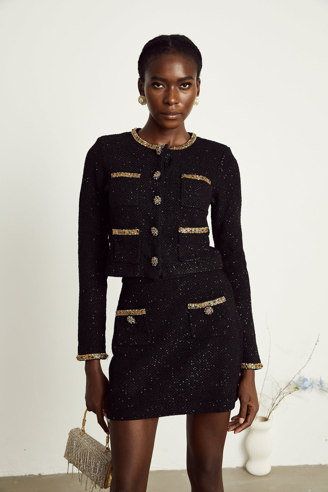 Levoire | Veste En Tweed Noire À Paillettes Et Ensemble Jupe Assortie