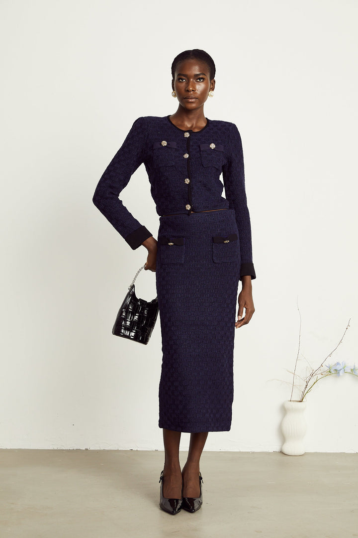 Levoire | Veste À Motif Carreaux Bleu Marine Et Jupe Ensemble Assorti