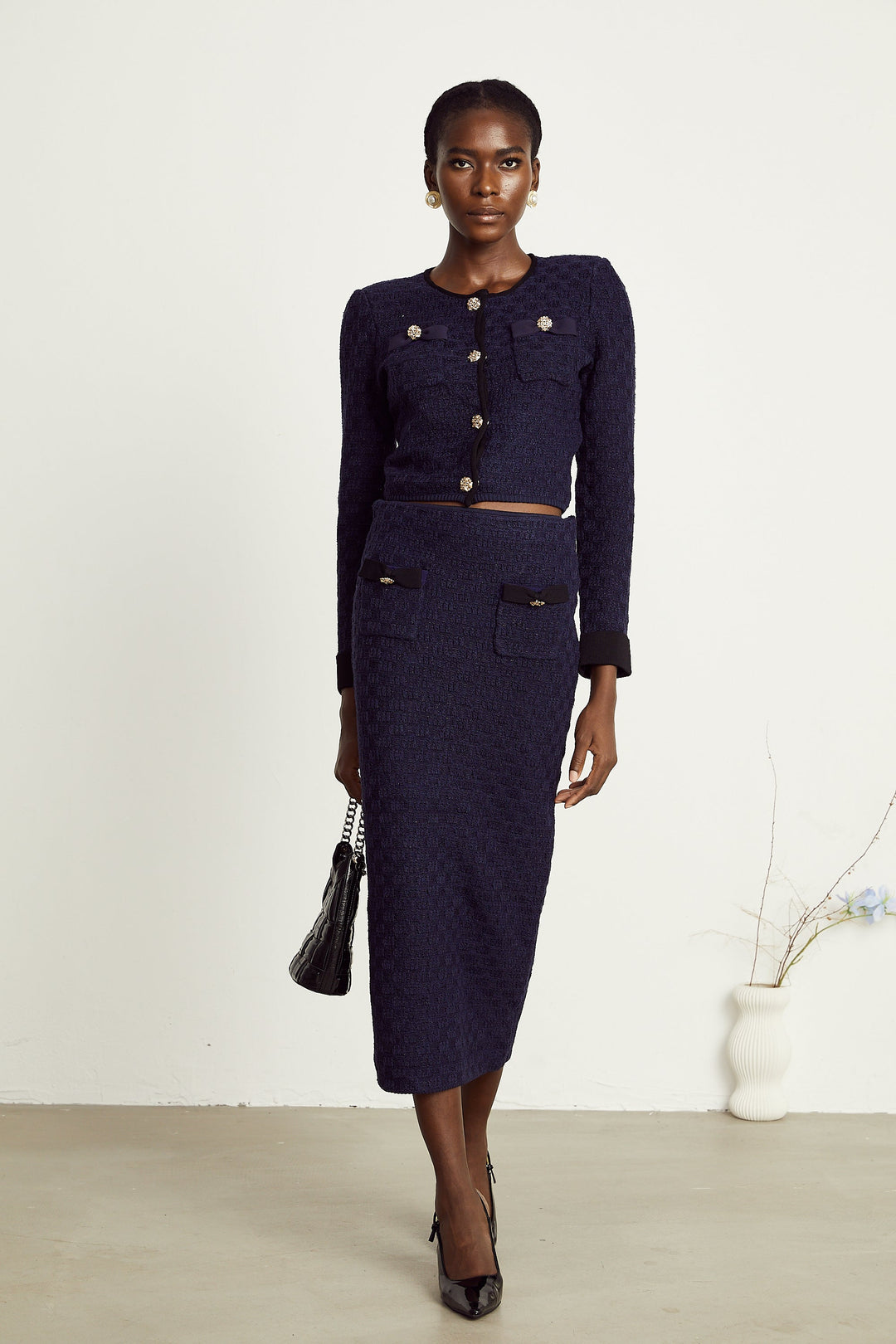 Levoire | Veste À Motif Carreaux Bleu Marine Et Jupe Ensemble Assorti