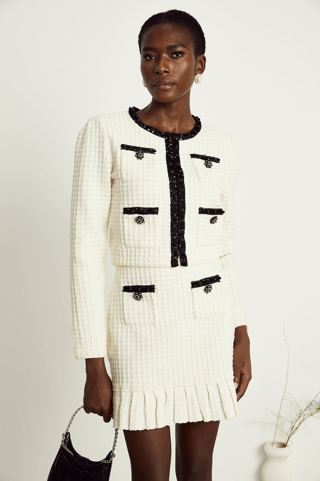 Levoire | Veste En Maille À Gaufres Blanches & Jupe Ensemble Assorti
