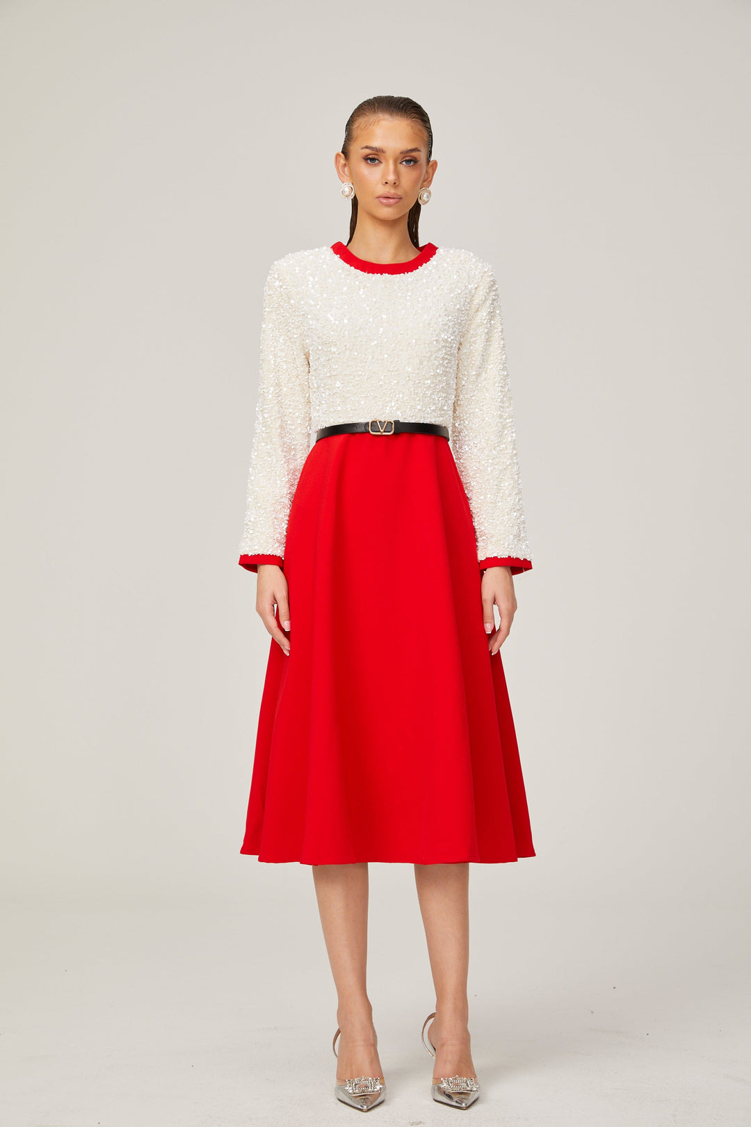 Levoire | Chloé Rouge Manches Longues Paillettes Patchwork Midi Robe