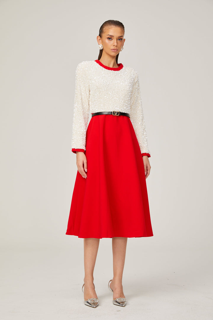 Levoire | Chloé Rouge Manches Longues Paillettes Patchwork Midi Robe