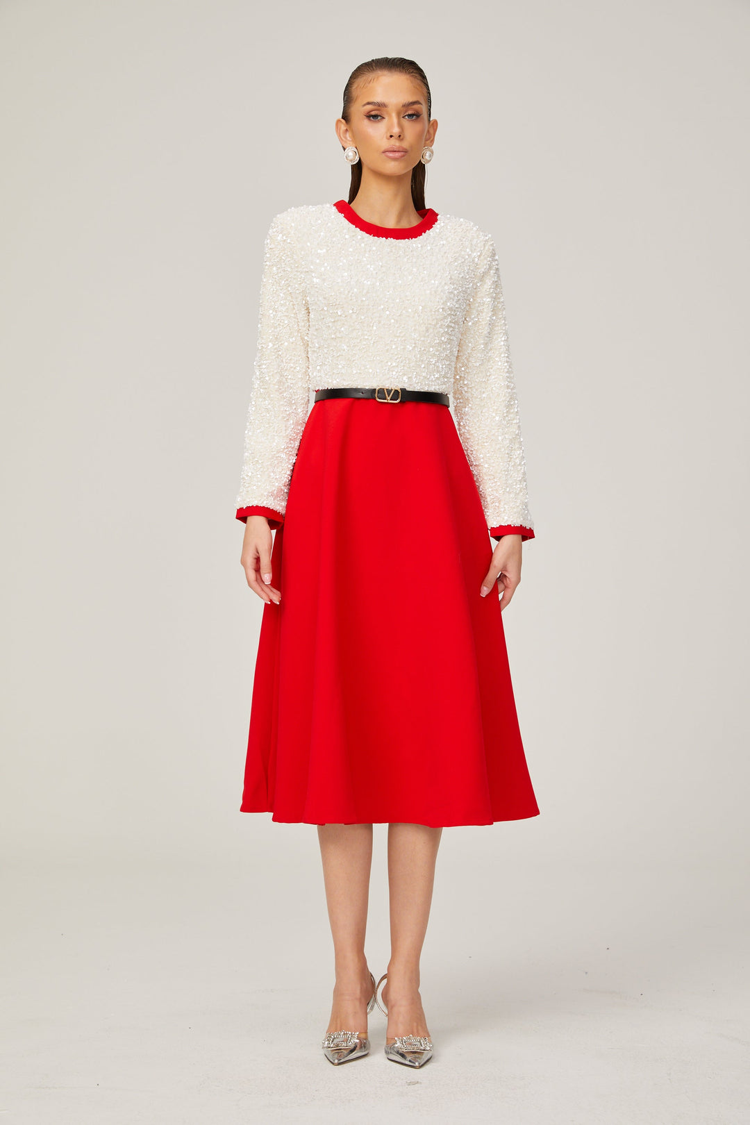 Levoire | Chloé Rouge Manches Longues Paillettes Patchwork Midi Robe