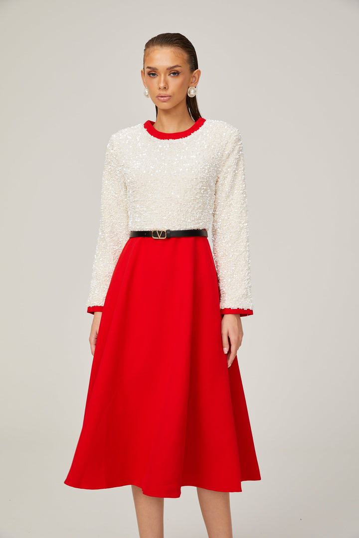 Levoire | Chloé Rouge Manches Longues Paillettes Patchwork Midi Robe