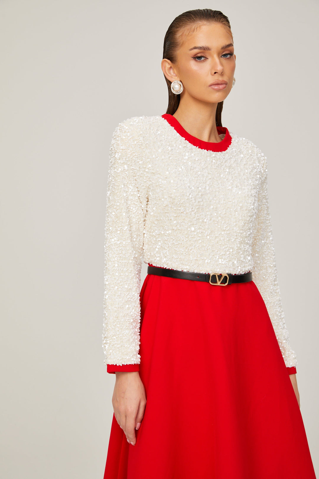 Levoire | Chloé Rouge Manches Longues Paillettes Patchwork Midi Robe