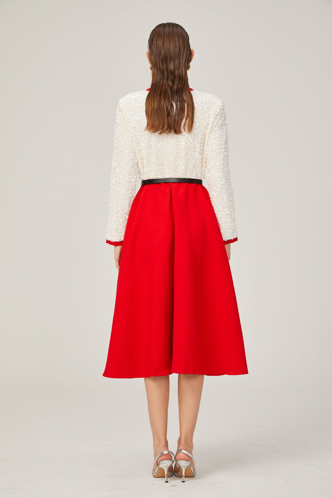 Levoire | Chloé Rouge Manches Longues Paillettes Patchwork Midi Robe