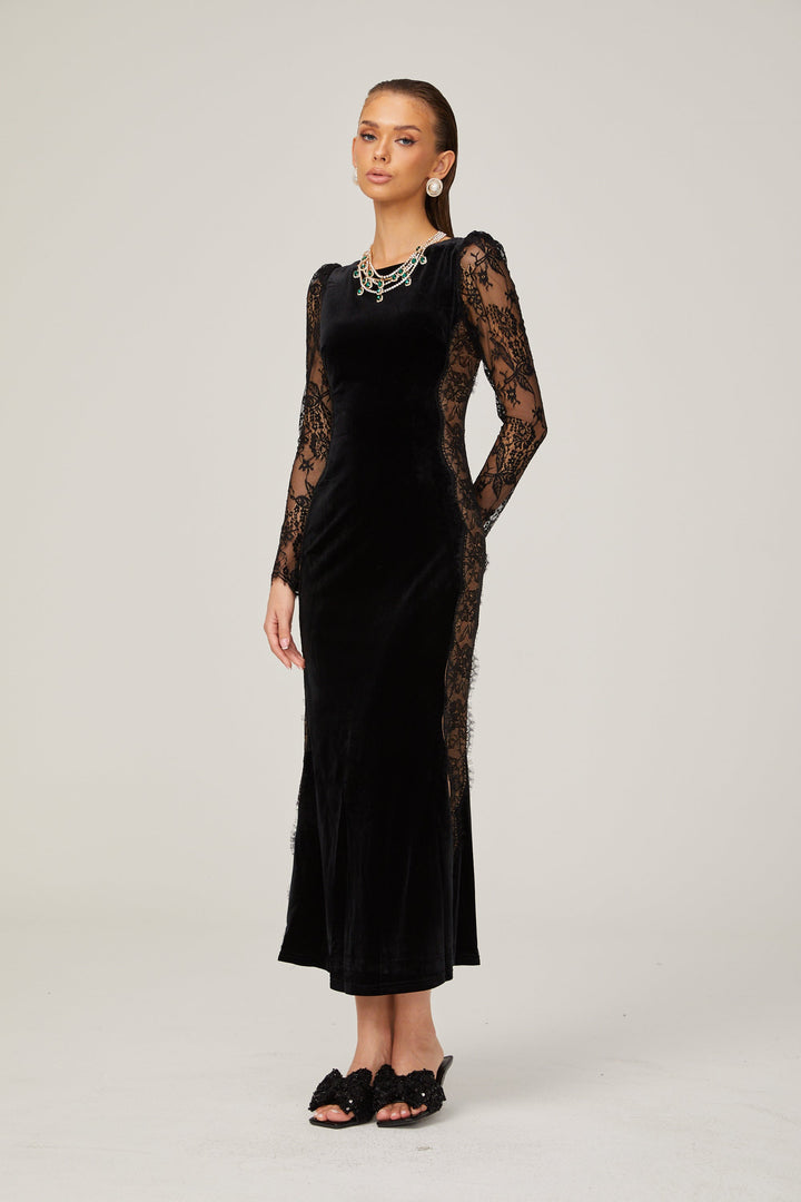Levoire | Noir Panneau En Dentelle Dos Ouvert Velours Midi Robe