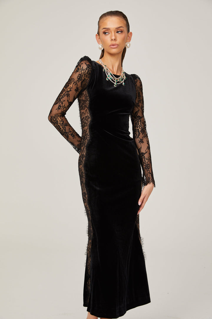 Levoire | Noir Panneau En Dentelle Dos Ouvert Velours Midi Robe