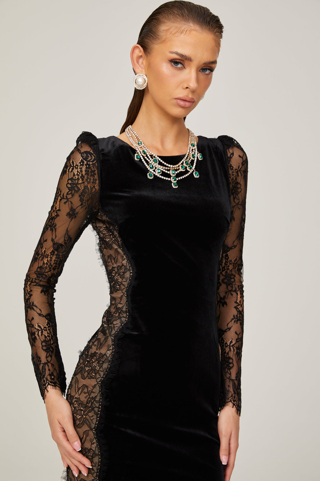 Levoire | Noir Panneau En Dentelle Dos Ouvert Velours Midi Robe