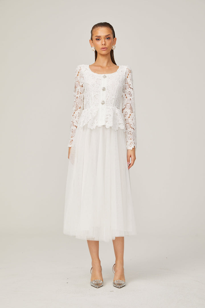 Levoire | Robe Midi En Tulle Blanche À Taille Peplum