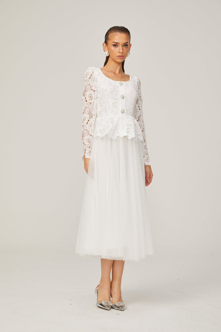 Levoire | Robe Midi En Tulle Blanche À Taille Peplum