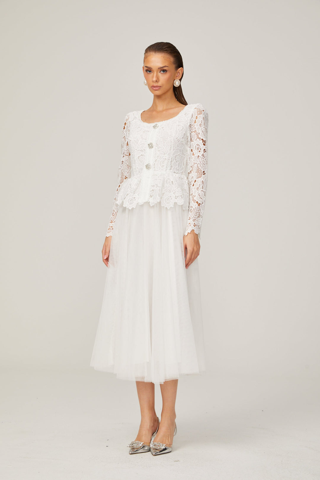 Levoire | Robe Midi En Tulle Blanche À Taille Peplum