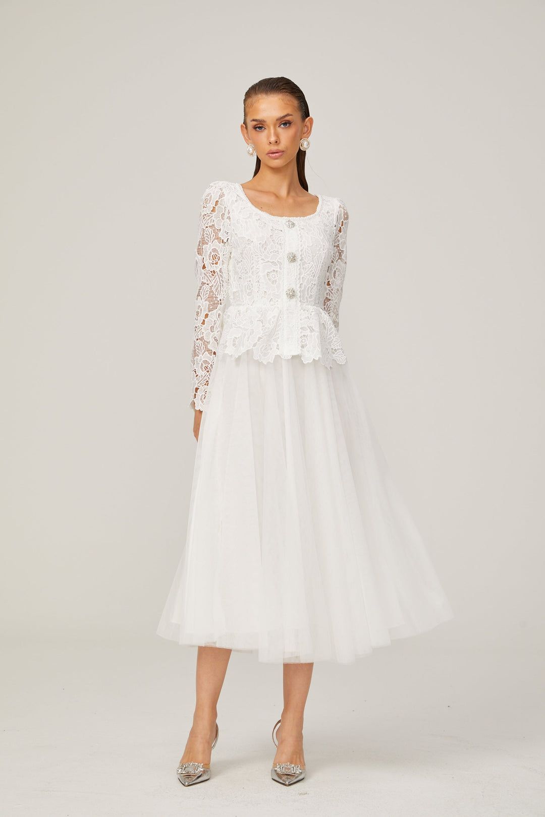 Levoire | Robe Midi En Tulle Blanche À Taille Peplum