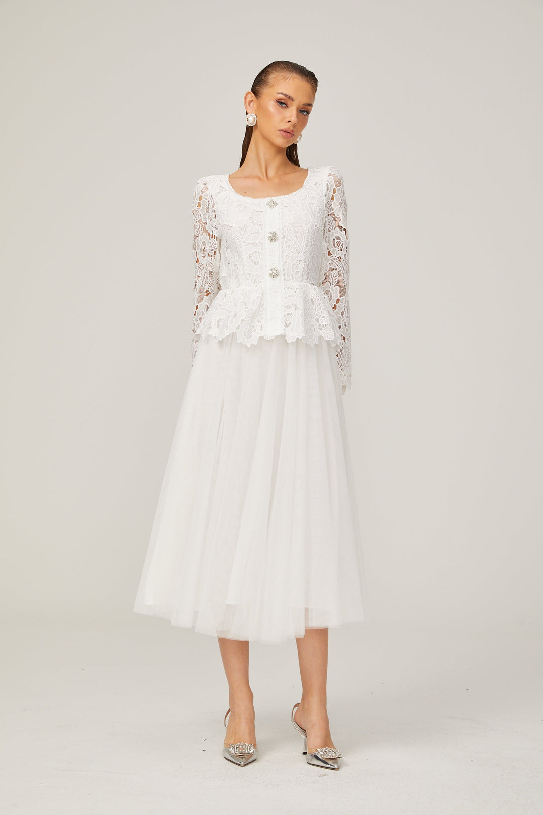 Levoire | Robe Midi En Tulle Blanche À Taille Peplum
