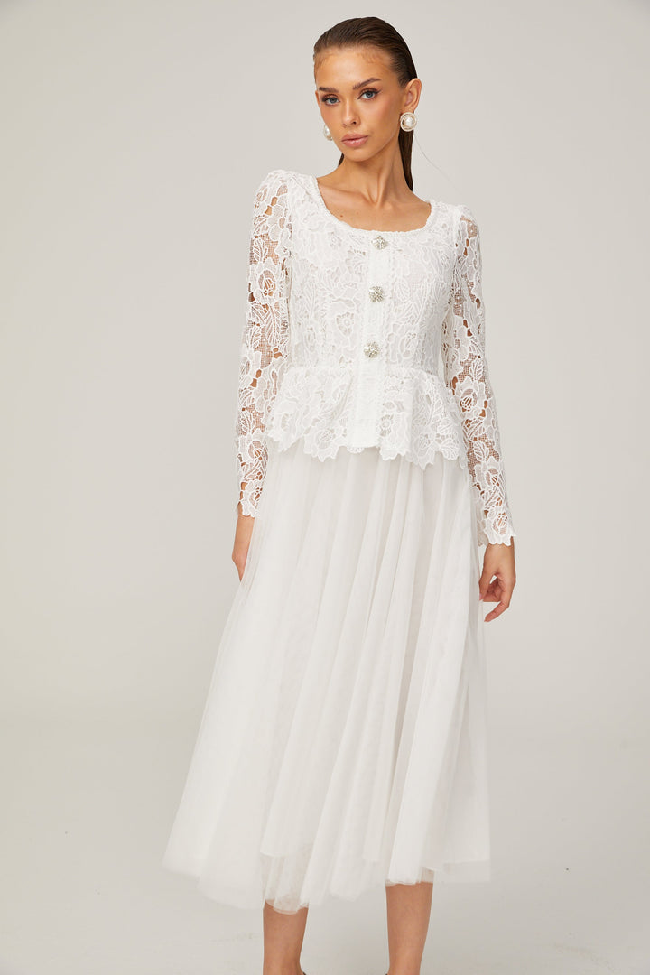 Levoire | Robe Midi En Tulle Blanche À Taille Peplum