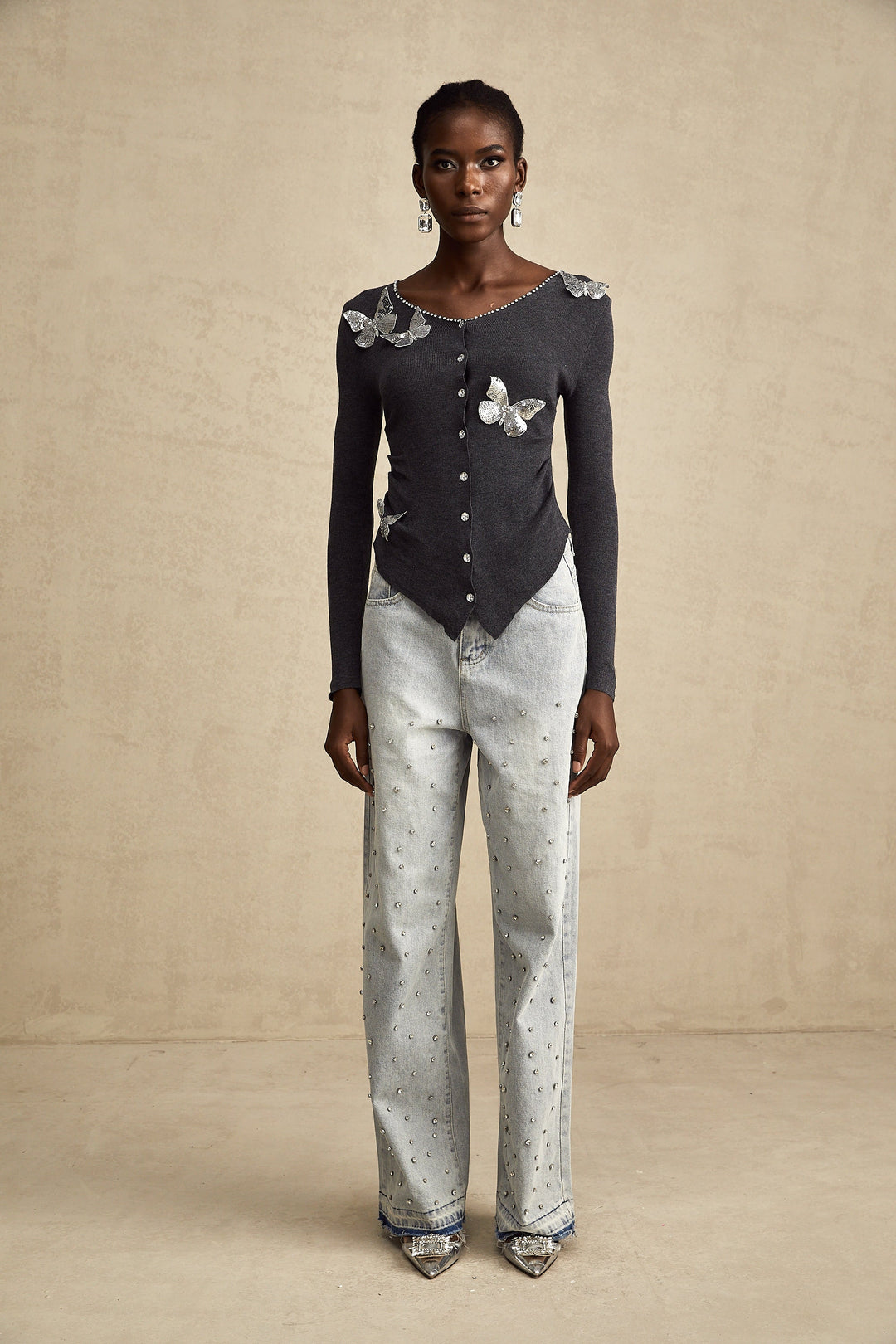 Levoire | Pull Tricot Motif Papillon En Paillettes Grises
