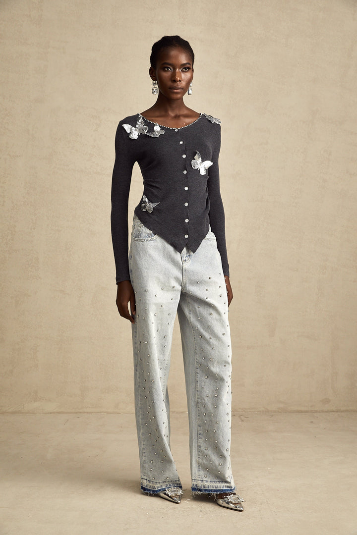 Levoire | Pull En Tricot Avec Motif Papillon En Paillettes Grises