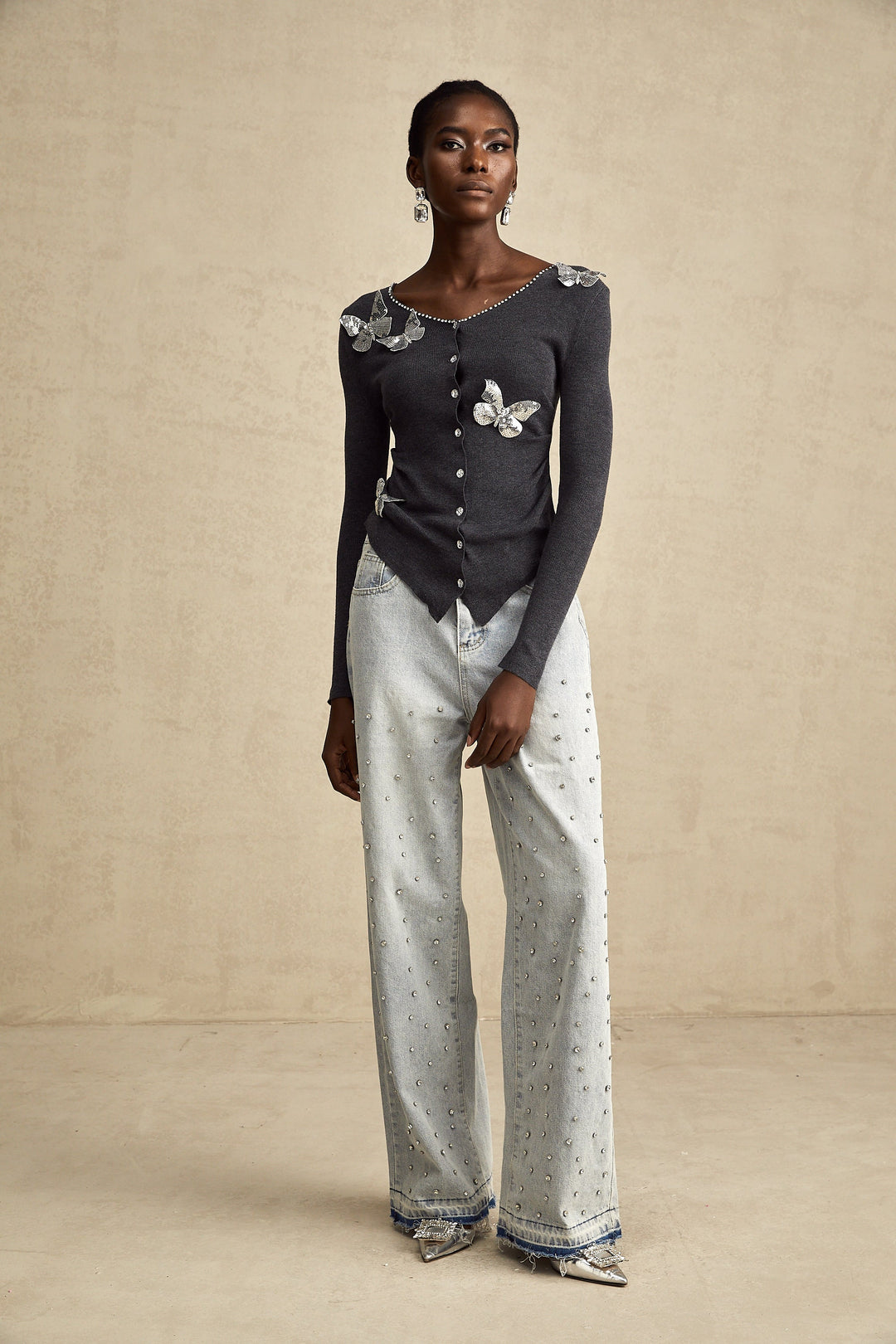 Levoire | Pull Tricot Motif Papillon En Paillettes Grises