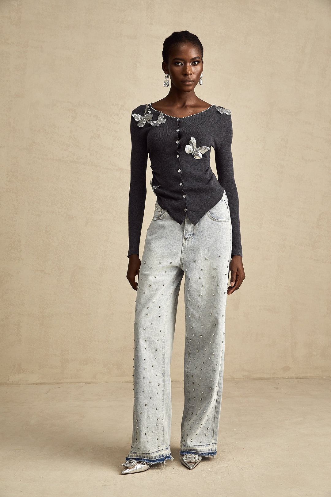 Levoire | Pull En Tricot Avec Motif Papillon En Paillettes Grises