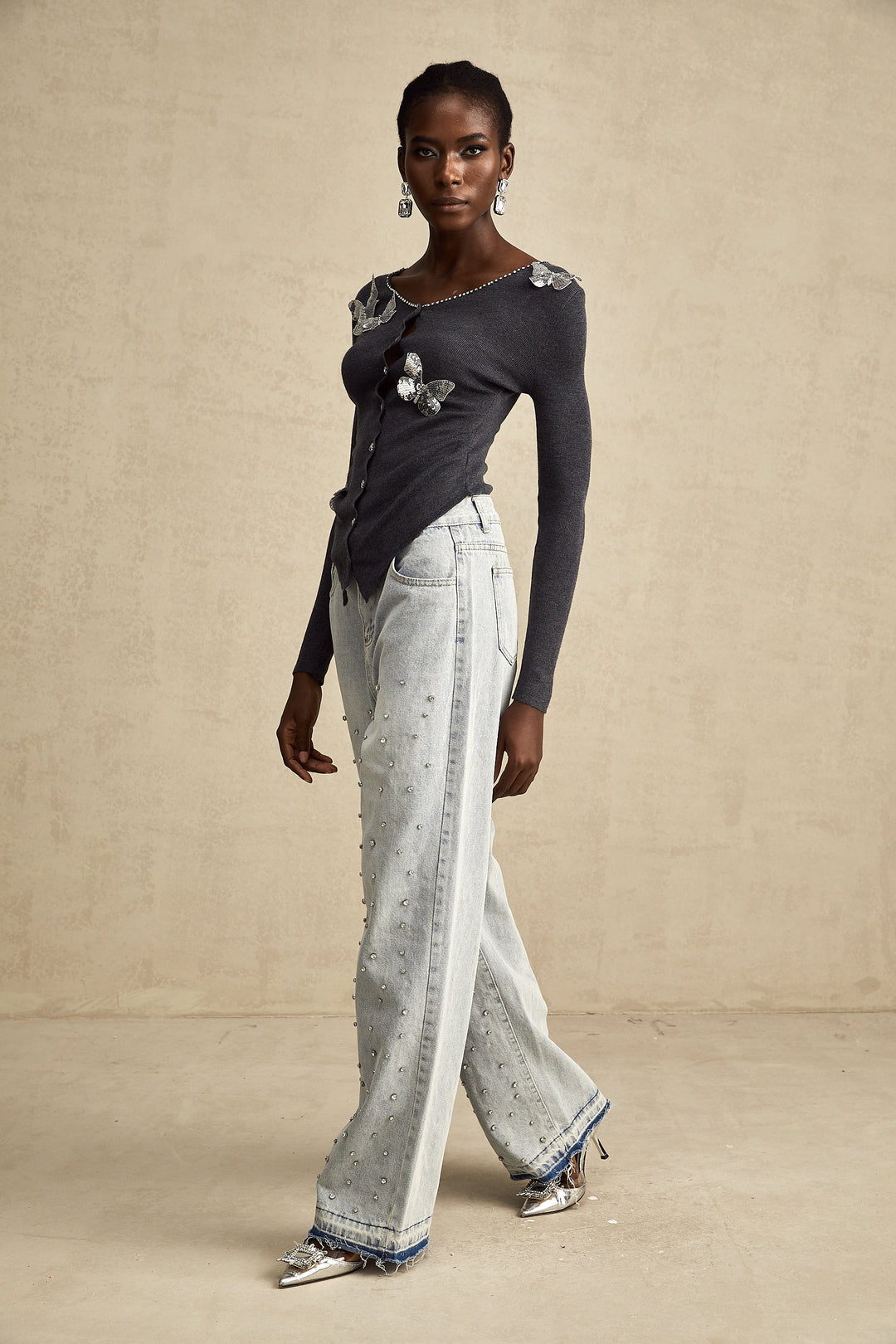 Levoire | Pull En Tricot Avec Motif Papillon En Paillettes Grises