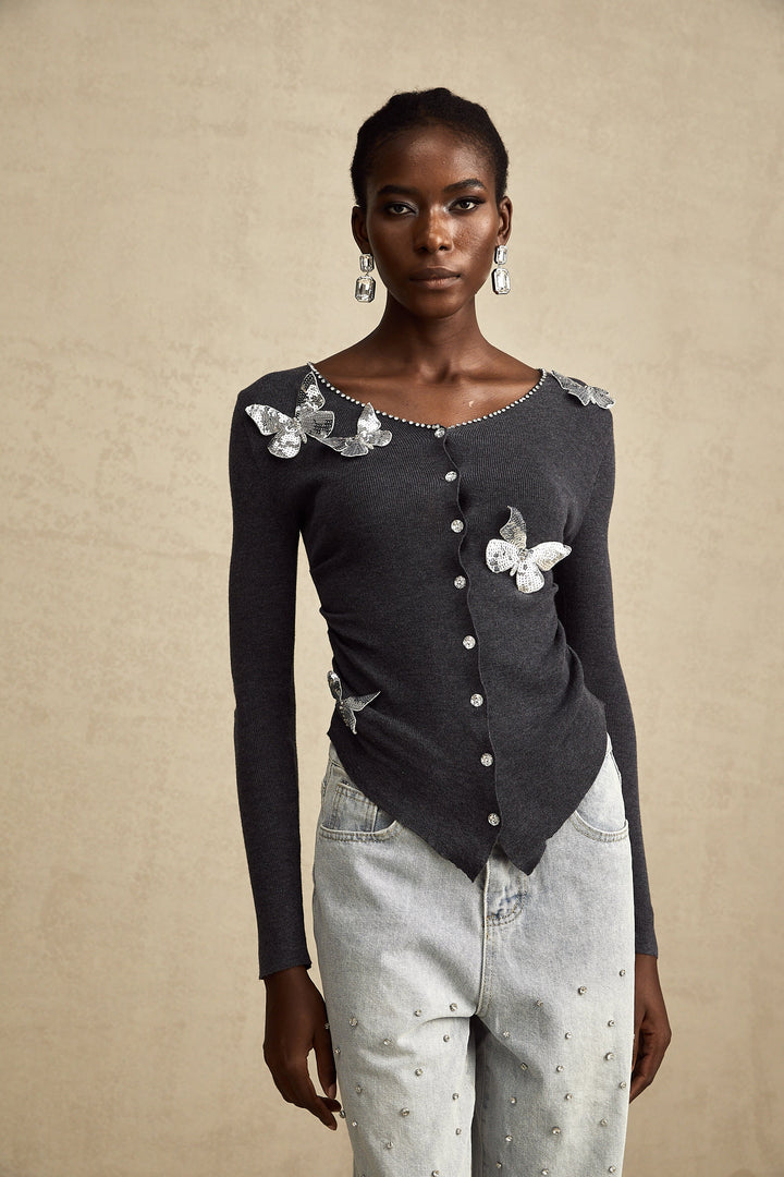 Levoire | Pull Tricot Motif Papillon En Paillettes Grises