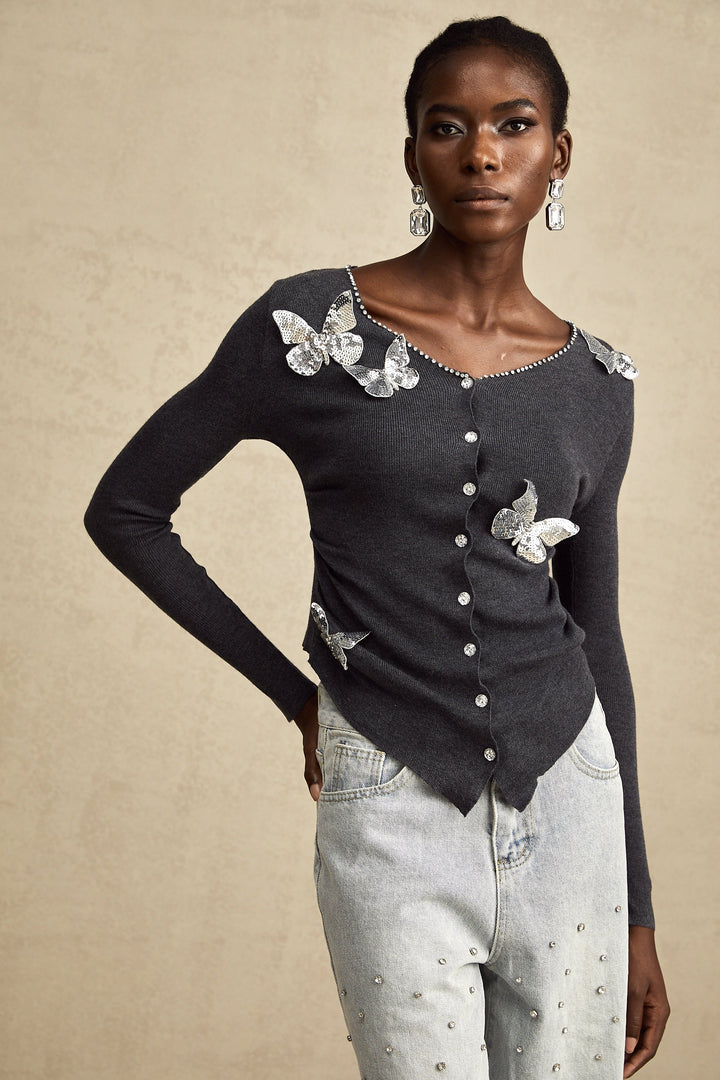 Levoire | Pull En Tricot Avec Motif Papillon En Paillettes Grises