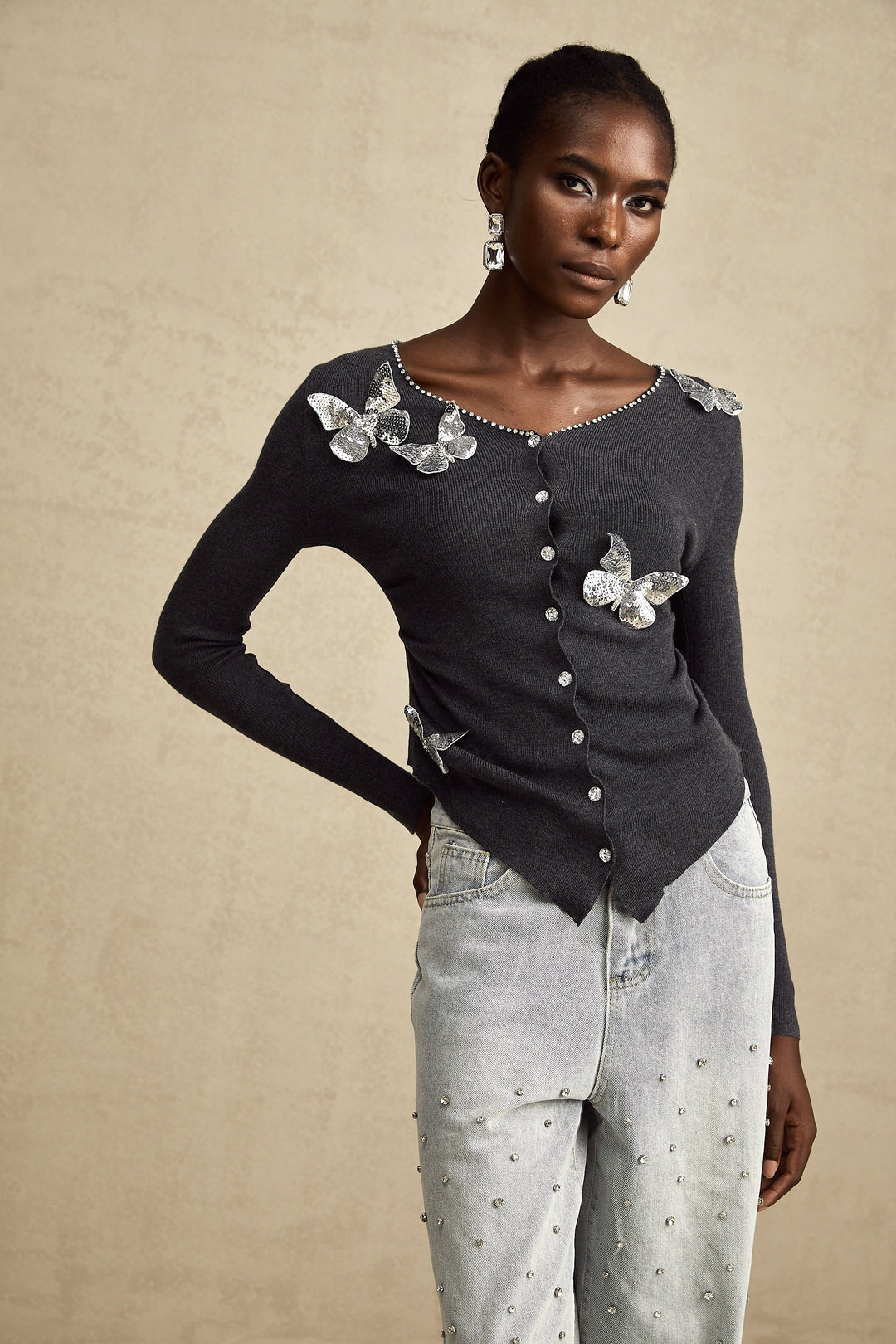 Levoire | Pull Tricot Motif Papillon En Paillettes Grises