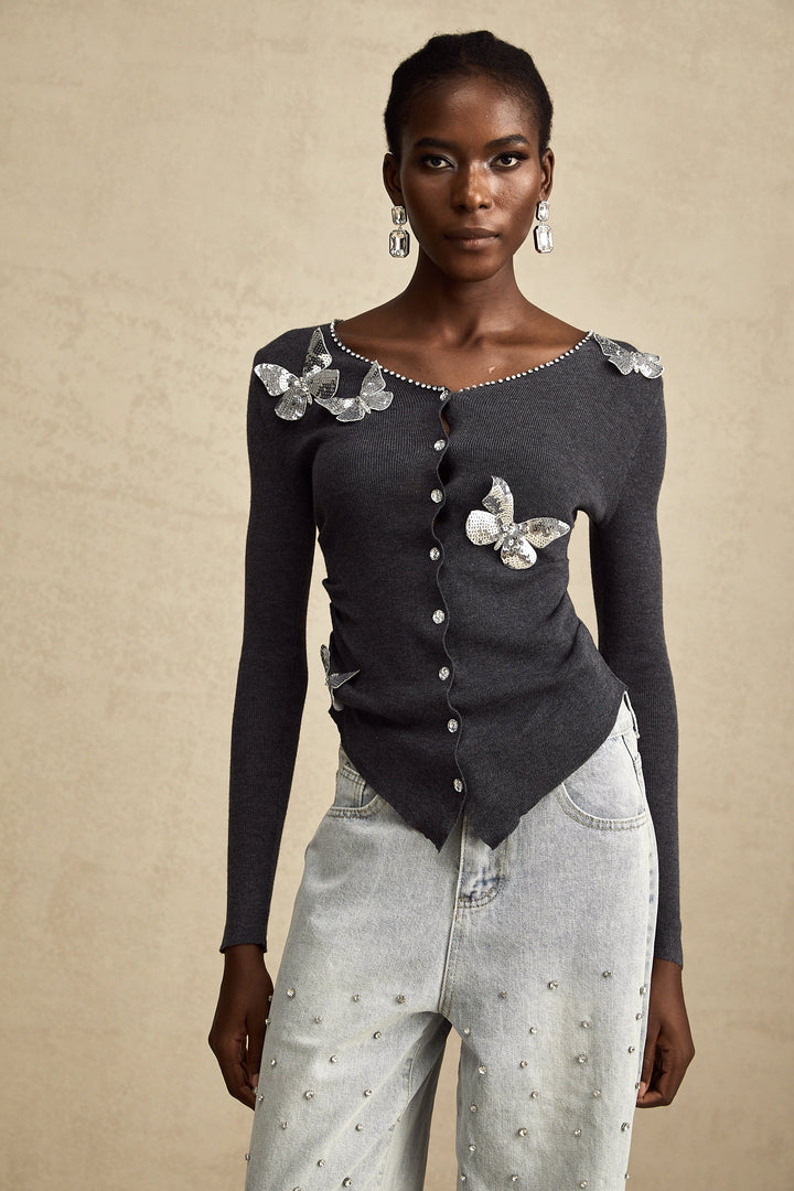 Levoire | Pull En Tricot Avec Motif Papillon En Paillettes Grises