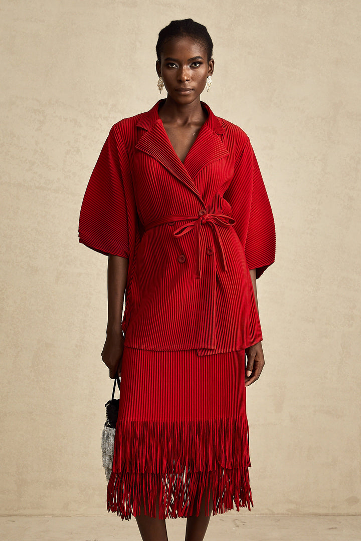 Levoire | Veste Plissée Rouge Et Ensemble De Jupe Assorti
