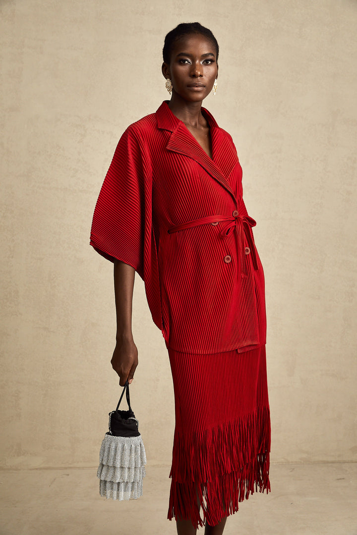 Levoire | Veste Plissée Rouge Et Ensemble De Jupe Assorti