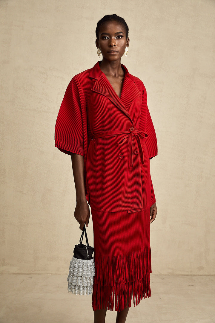 Levoire | Veste Plissée Rouge Et Ensemble De Jupe Assorti
