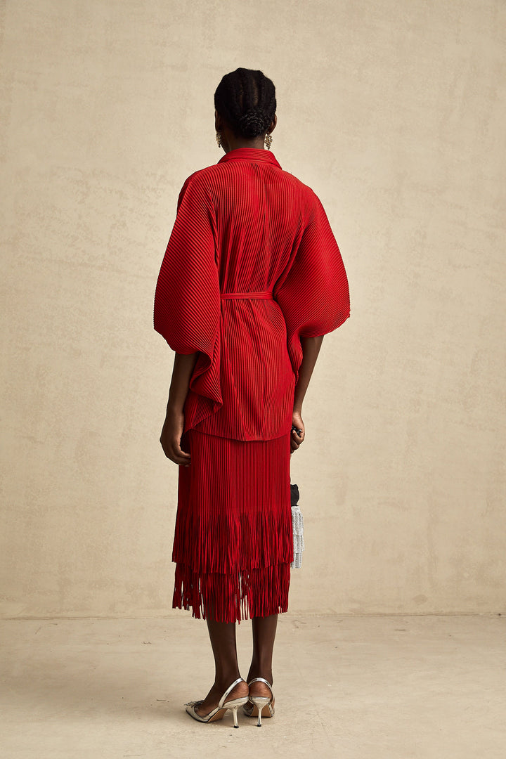 Levoire | Veste Plissée Rouge Et Ensemble De Jupe Assorti