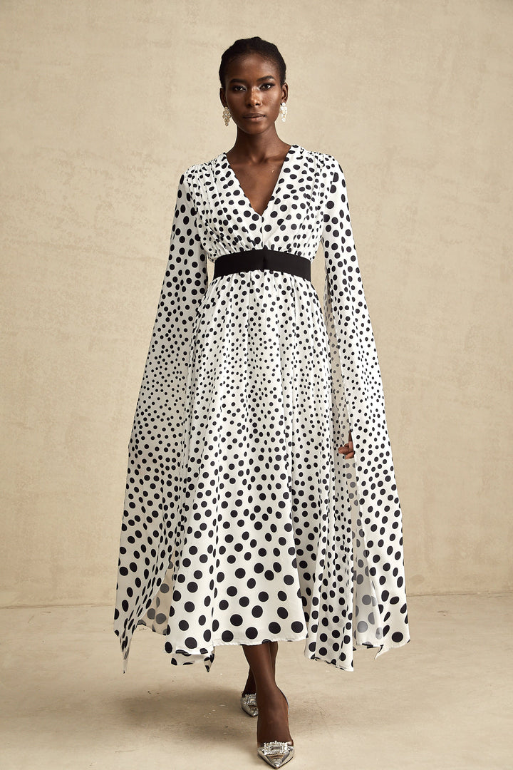 Levoire | Robe Midi À Manches Fendues À Pois Blancs
