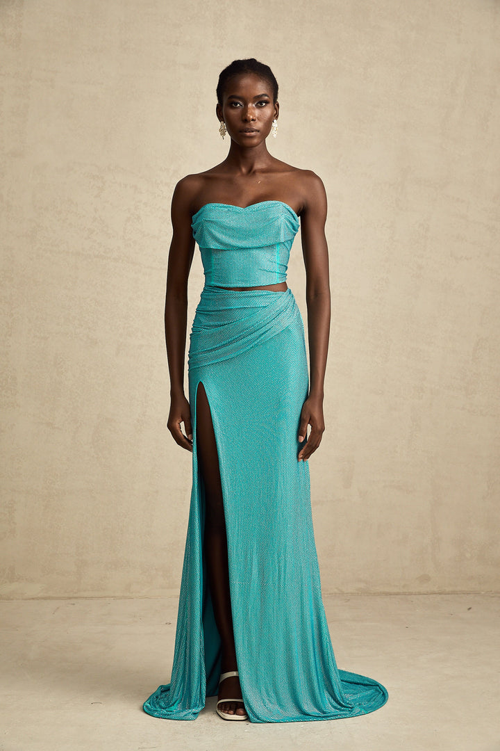 Levoire | Top Plissé Vert Ornée De Strass & Ensemble Jupe Assortie