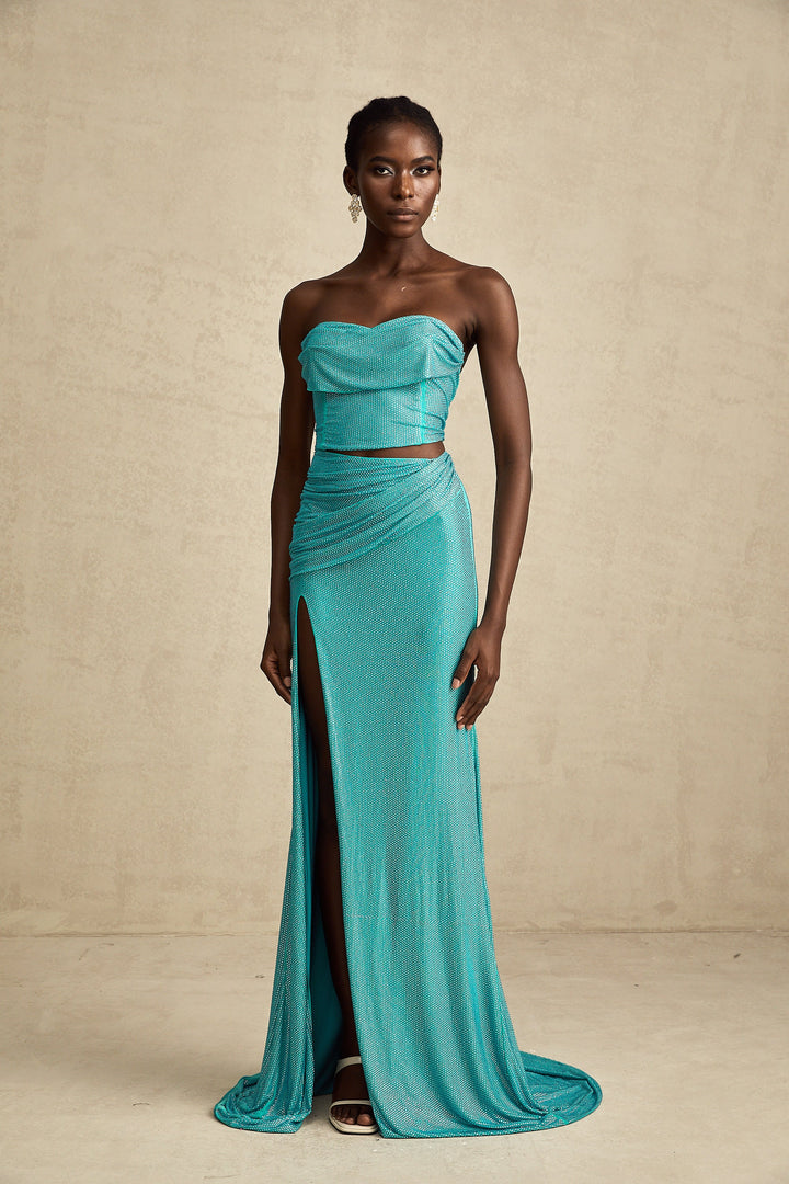 Levoire | Top Plissé Vert Ornée De Strass & Ensemble Jupe Assortie
